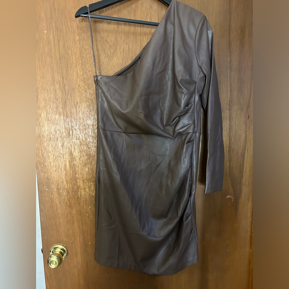Express Faux Leather Chocolate One Shoulder Dress